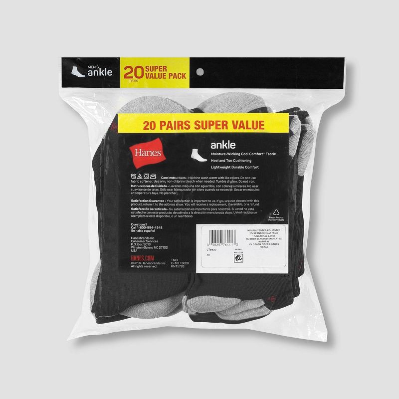 slide 4 of 4, Hanes Men's Lightweight Comfort Super Value Ankle Socks 20pk - Black/Gray 6-12: Moisture Wicking, Breathable, Ribbed Design, 20 ct
