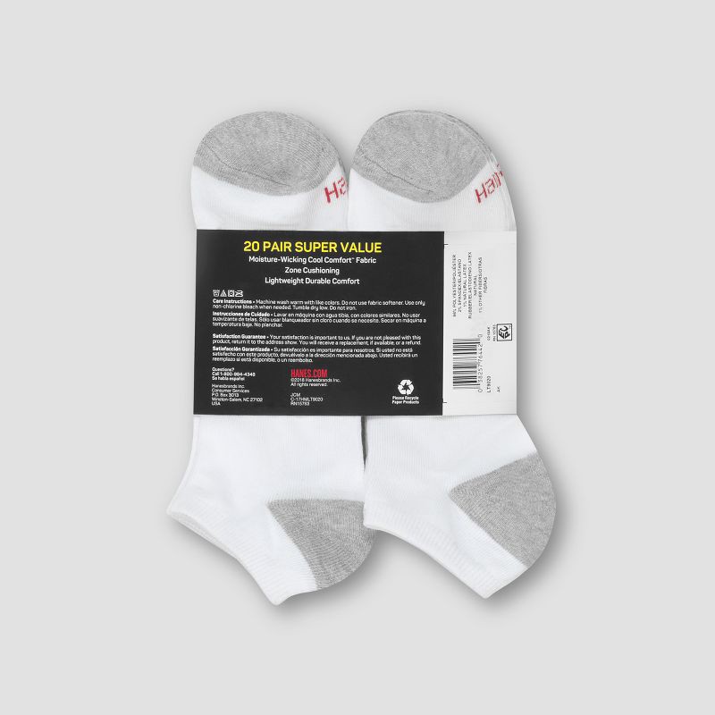 slide 2 of 4, Hanes Men's Lightweight Comfort Super Value No Show Socks 20pk - White/Gray 6-12: Moisture Wicking, 20 ct