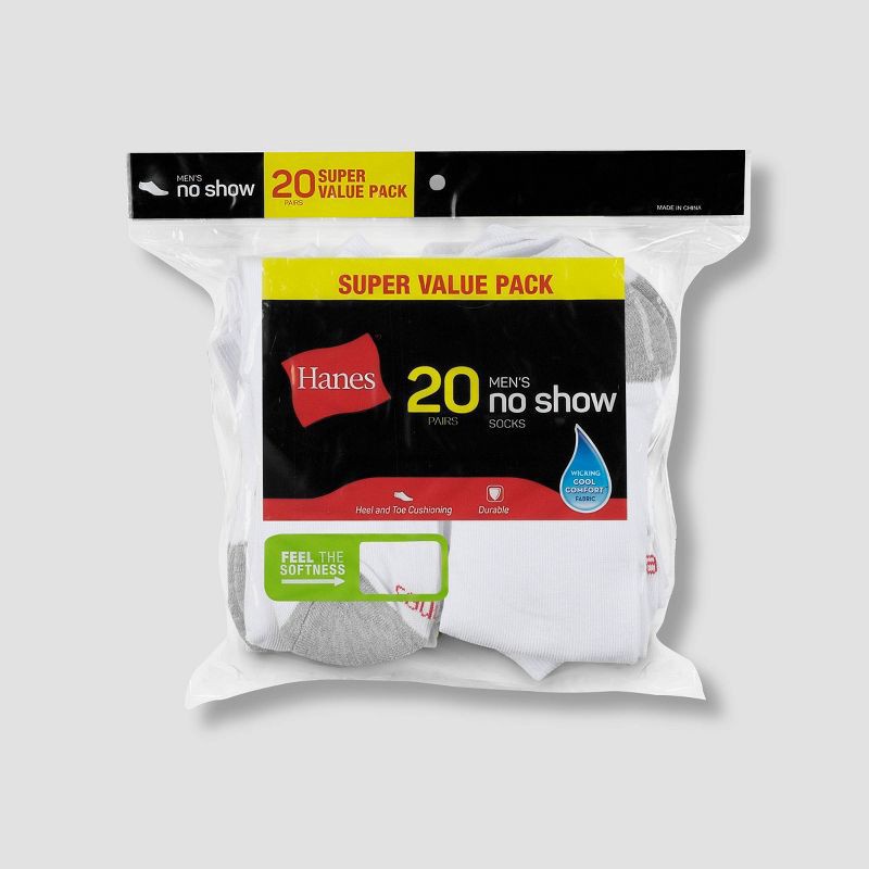 slide 3 of 4, Hanes Men's Lightweight Comfort Super Value No Show Socks 20pk - White/Gray 6-12: Moisture Wicking, 20 ct