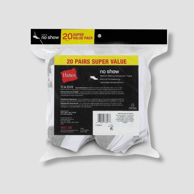 slide 4 of 4, Hanes Men's Lightweight Comfort Super Value No Show Socks 20pk - White/Gray 6-12: Moisture Wicking, 20 ct