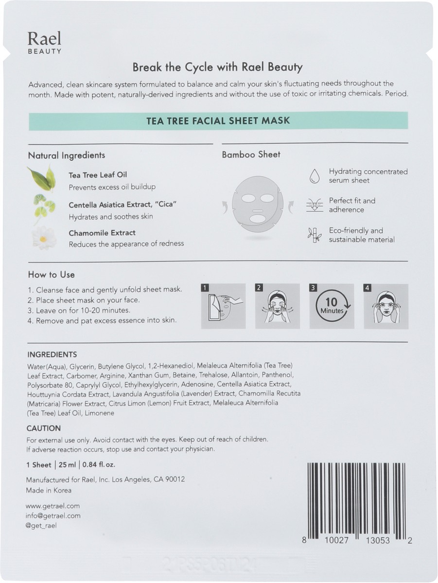slide 2 of 9, Rael Tea Tree Purify + Soothe Facial Sheet Masks 1 ea, 1 ct