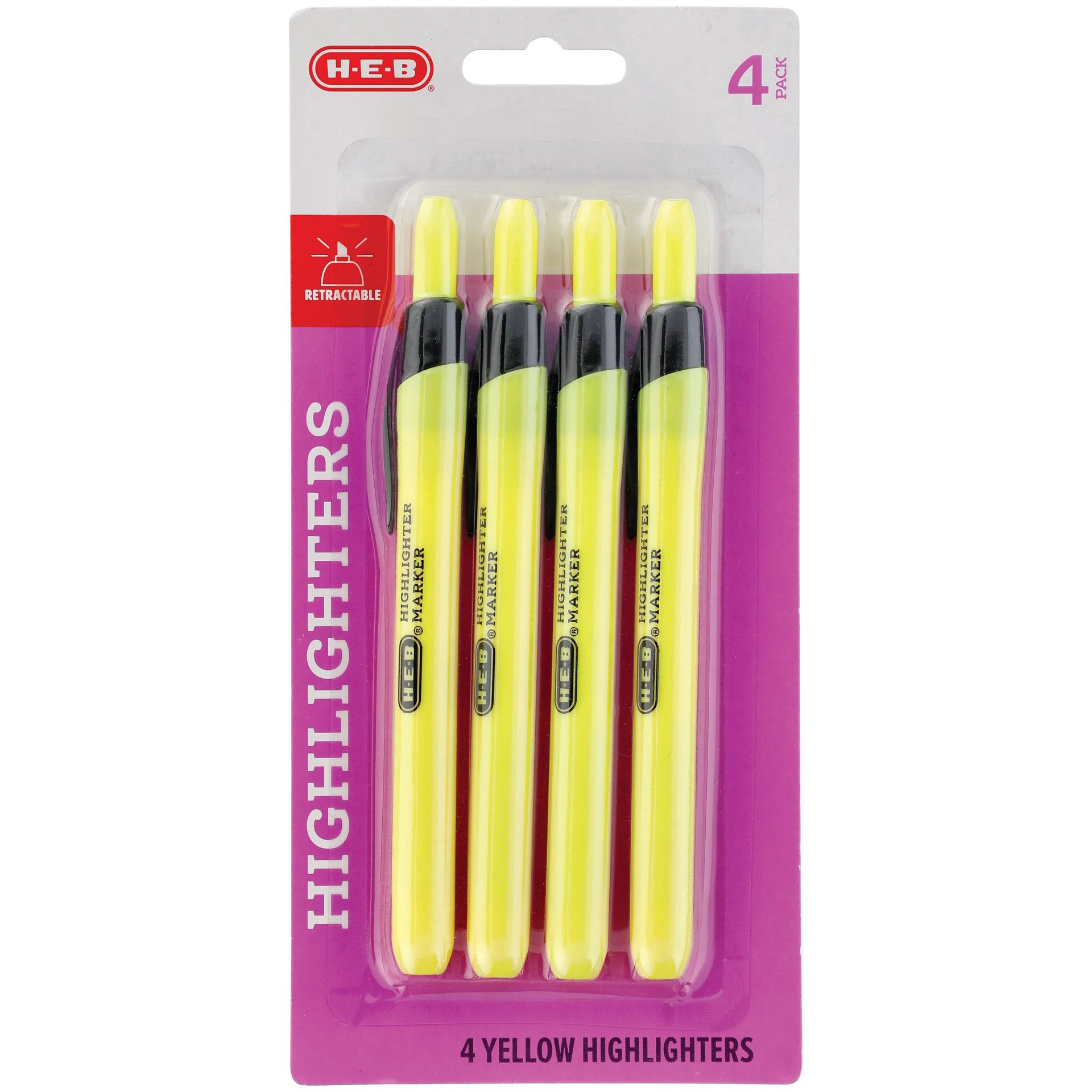 slide 1 of 1, H-E-B Yellow Retractable Highlighters, 4 ct