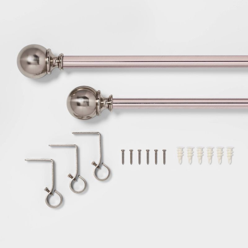 slide 2 of 3, 66"-120" Ball Curtain Rod Brushed Nickel - Threshold™: Adjustable Metal, Single Rod, Silver Finish, 30lb Capacity, 1 ct