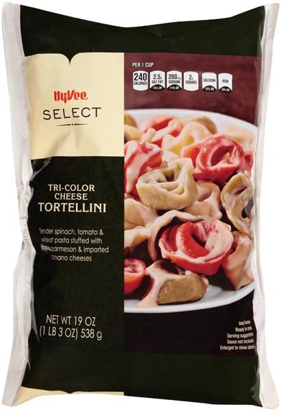 slide 1 of 1, Hy-Vee Select Tri-Color Cheese Tortellini, 19 oz