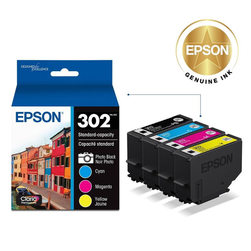 slide 5 of 7, Epson 302 Black, C/M/Y 4pk Ink Cartridges - Black, Cyan, Magenta, Yellow (T302520-CP): Standard Yield, 4 Colors, 4 ct