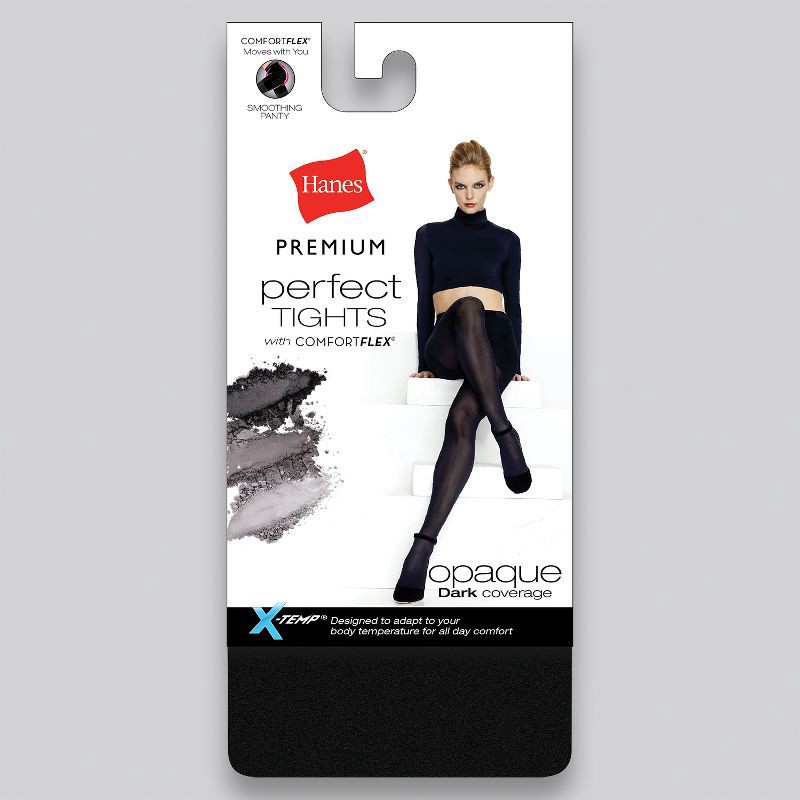 slide 2 of 3, Hanes Premium Women's Opaque Tights - Black M: High Waisted, Control Top, Knit Fabric, 1 ct