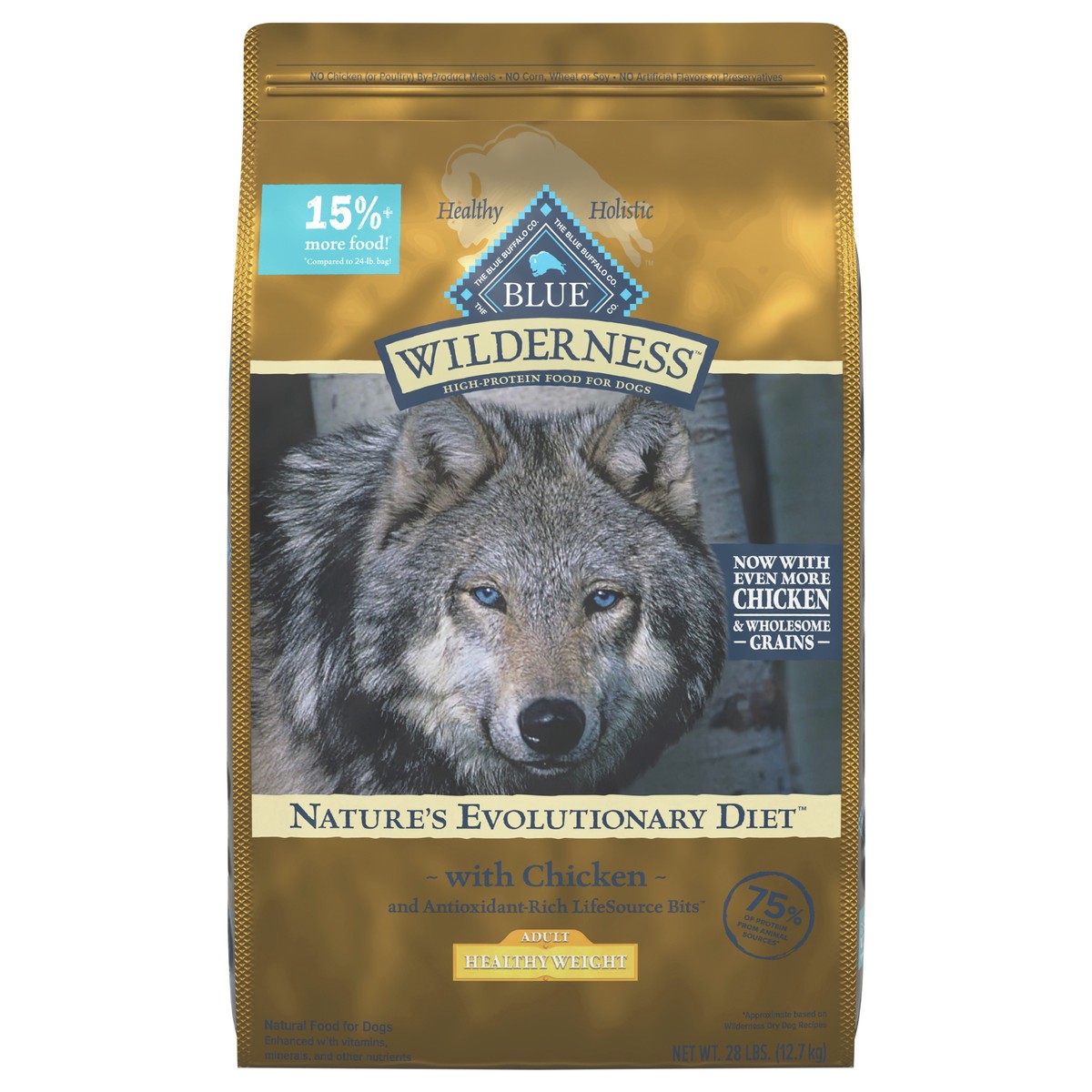 slide 1 of 1, Blue Buffalo Wilderness High Protein Natural Healthy Weight Adult Dry Dog Food plus Wholesome Grains, Chicken 28 lb bag, 28 lb