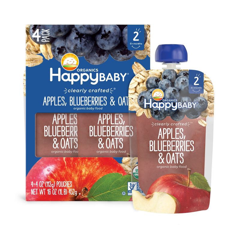 slide 1 of 9, Happy Baby Organics Clearly Crafted Stage 2 Apples, Blueberries & Oats - 4oz/4pk, 4 ct; 4 oz