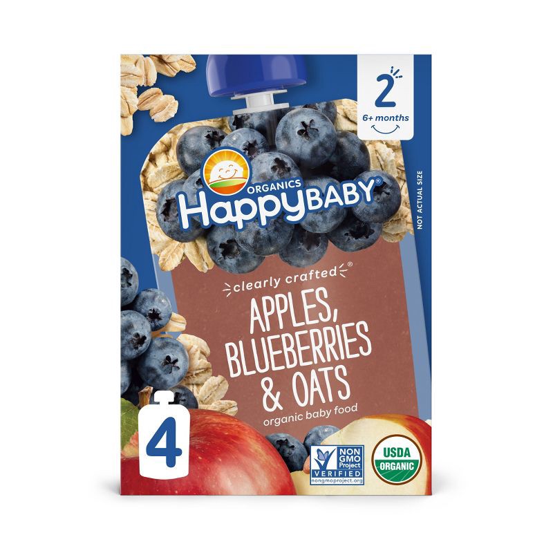 slide 1 of 3, Happy Family Clearly Crafted 4pk Apples Blueberries & Oats Baby Food Pouches - 16oz, 4 ct; 16 oz