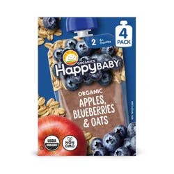 Happy Baby Organic Apples, Blueberries & Oats Baby Food Pouch - 4oz/4pk: 6 Months and Up, 2nd Stage, Pureed, Ready to Eat