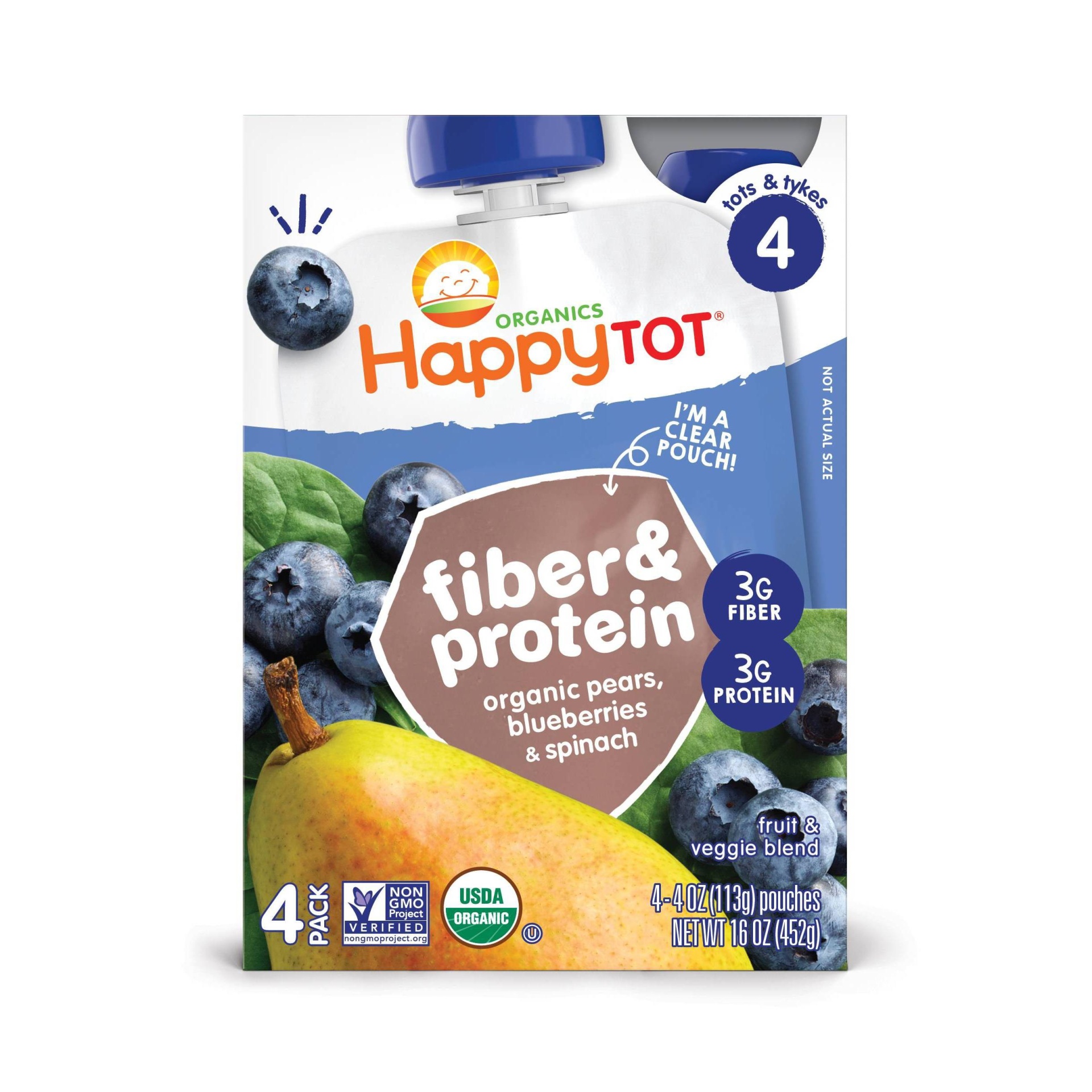 Happy Family HappyTot Fiber & Protein Organic Pears Blueberries Spinach Baby Food 4 ct, 16 oz