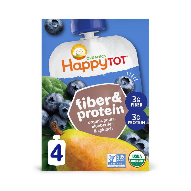 slide 1 of 3, Happy Family Fiber & Protein 4pk Organic Pears Blueberries Spinach Baby Food - 16oz, 4 ct; 16 oz