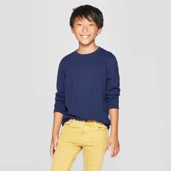 Boys' Long Sleeve T-Shirt - Cat & Jack™ Navy XS: Pullover, Below Waist