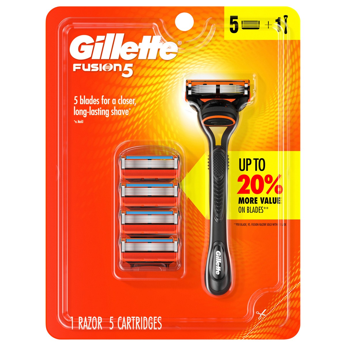 slide 1 of 1, Fusion5 Razor for Men, Handle + 5 Razor Blade Refills, 1 ct