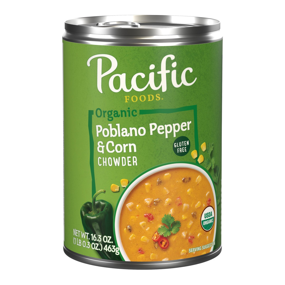slide 1 of 1, Pacific Foods Organic Poblano Pepper and Corn Chowder, 16.3 oz Can, 16.300 oz