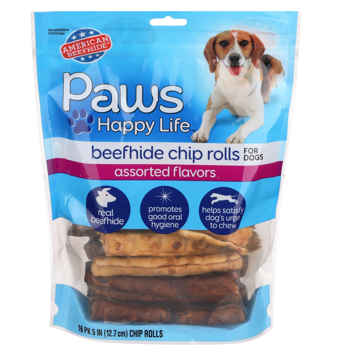 slide 1 of 1, Paws Happy Life Assorted Flavors Beefhide Chip Rolls For Dogs, 16 ct