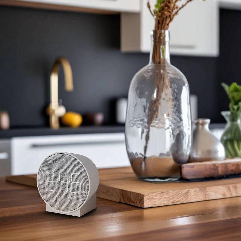 slide 1 of 4, Round Time Table Clock Gray - Capello: Modern ABS Nightstand Alarm with USB Port, LED Display, 3 Brightness Levels, 1 ct