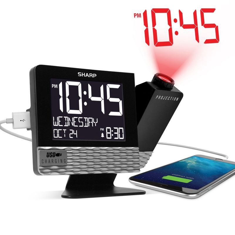 slide 2 of 3, Projection with Usb Charge Table Clock Black - Sharp: Modern LED Display, Snooze, Wall Projection Feature, 1 ct