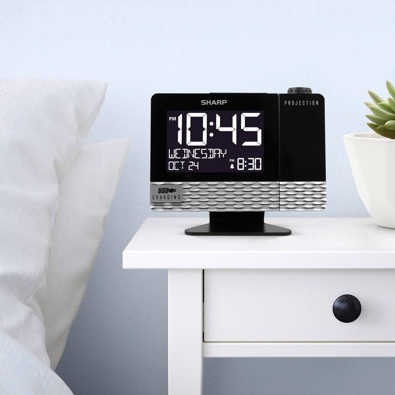 slide 3 of 3, Projection with Usb Charge Table Clock Black - Sharp: Modern LED Display, Snooze, Wall Projection Feature, 1 ct
