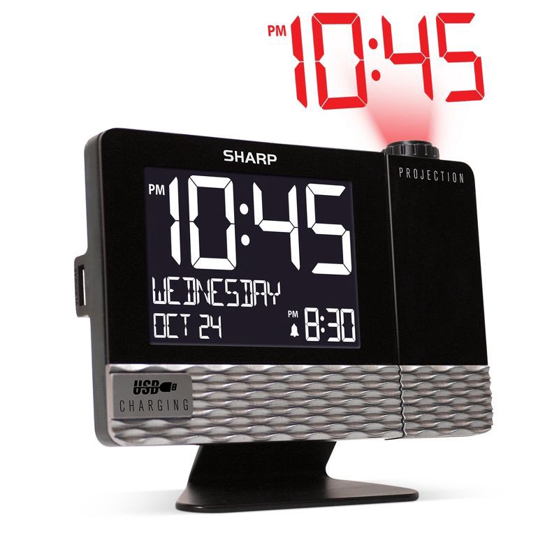 slide 1 of 3, Projection with Usb Charge Table Clock Black - Sharp, 1 ct