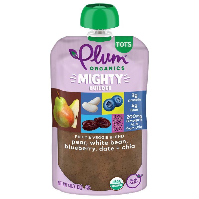 slide 1 of 1, Plum Organics Mighty Protein & Fiber Pear White Bean Blueberry Date & Chia Baby Food Pouch - 4oz, 4 oz