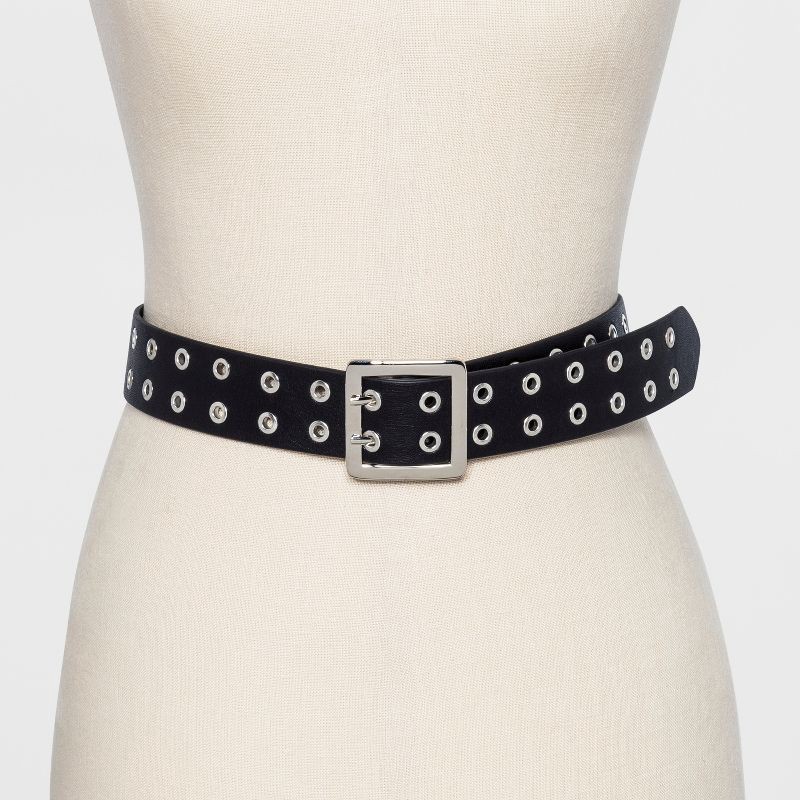 slide 2 of 2, Women's Double Laser Cut Adjustable Western Grommet Belt - Wild Fable™ Black M: Solid Pattern, Buckle Closure, 1 ct