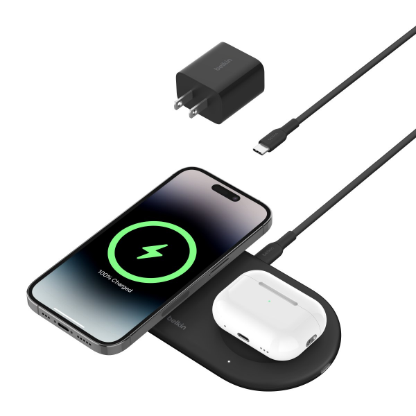 slide 2 of 9, Belkin BoostCharge Pro 2-in-1 MagSafe-Compatible Wireless Charging Pad w/ Qi2 15W + Additional USB-C Port, Fast Charger for iPhone 15, iPhone 14, & iPhone 13 Series, AirPods, and More - Black, 1 ct