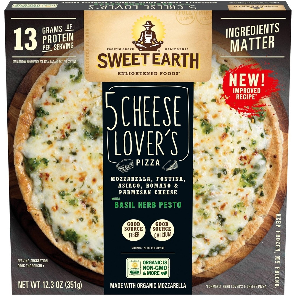 slide 2 of 9, SWEET EARTH Pizza Sweet Earth Five Cheese Lover's Frozen Pizza, 12.3 oz