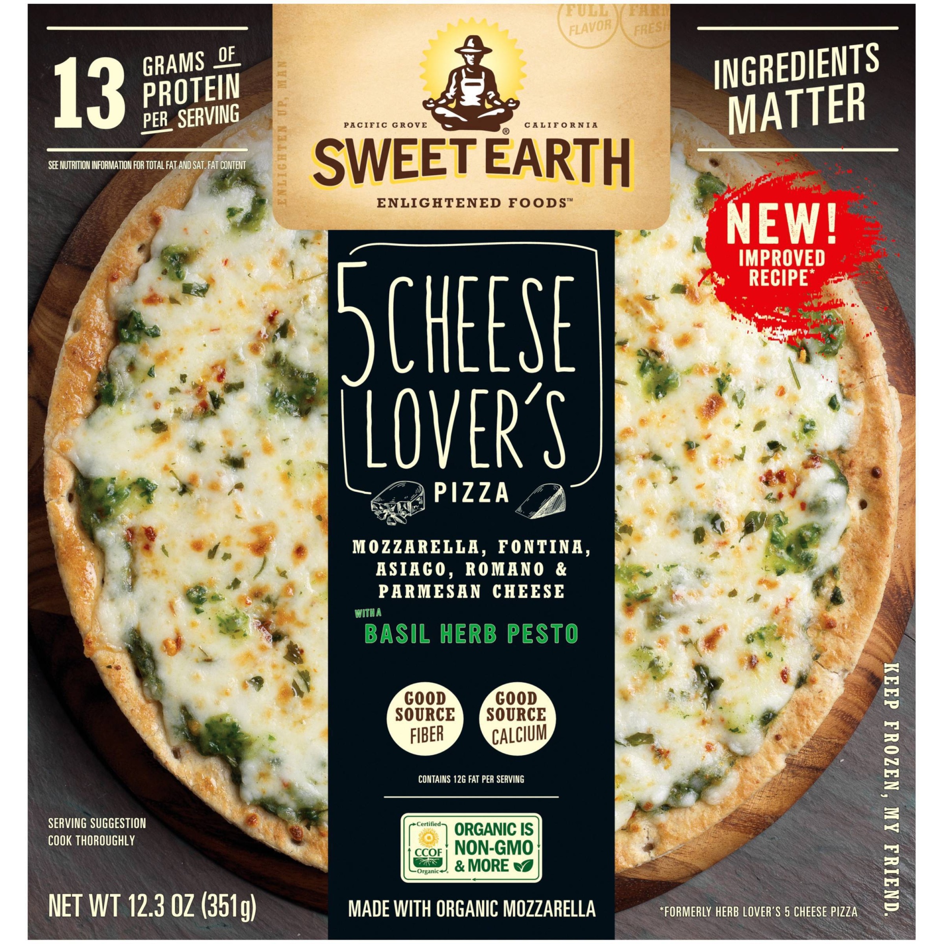 slide 1 of 9, SWEET EARTH Pizza Sweet Earth Five Cheese Lover's Frozen Pizza, 12.3 oz