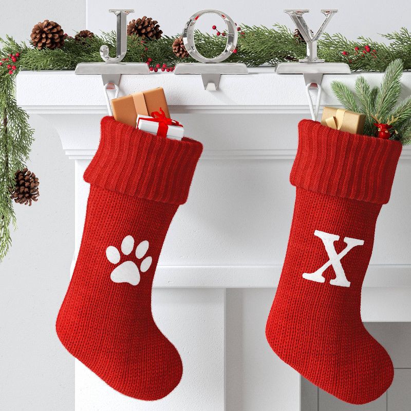 slide 2 of 4, 20" Knit Monogram Christmas Stocking Red Paw Print - Wondershop™, 1 ct