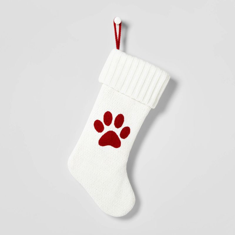 slide 1 of 3, 20" Knit Monogram Christmas Stocking White Paw Print - Wondershop™, 1 ct