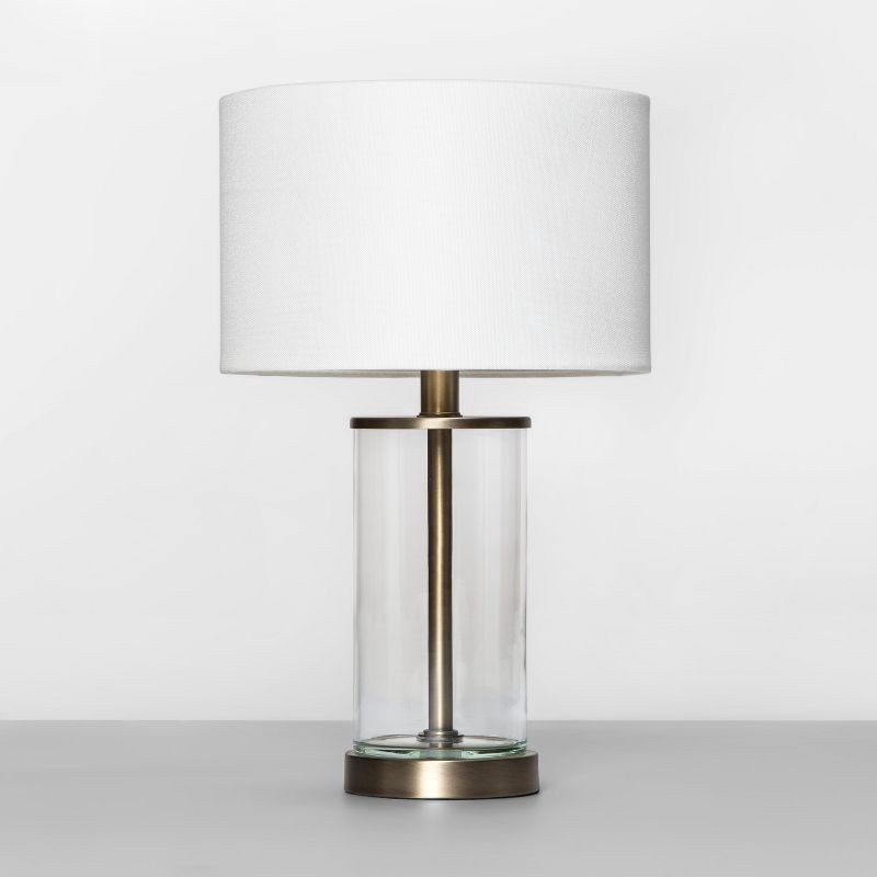 slide 2 of 6, Fillable Accent with USB Table Lamp Brass - Threshold™: Modern Glass Nightstand Lamp, ETL Listed, No Bulb Included, 1 ct