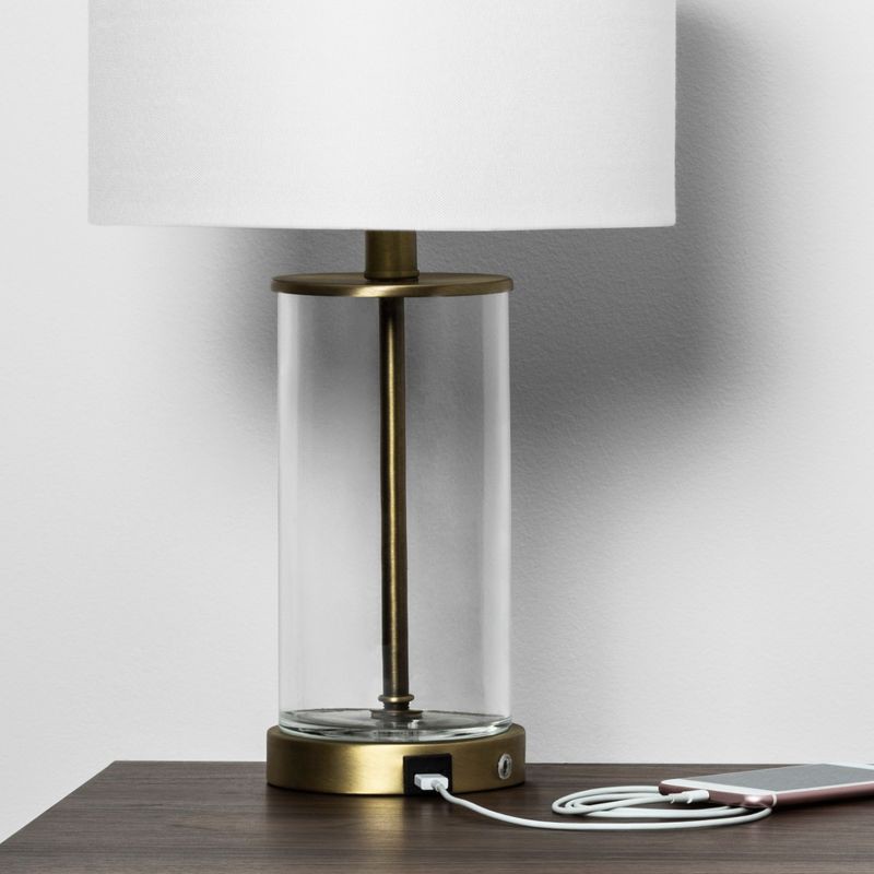 slide 4 of 6, Fillable Accent with USB Table Lamp Brass - Threshold™: Modern Glass Nightstand Lamp, ETL Listed, No Bulb Included, 1 ct