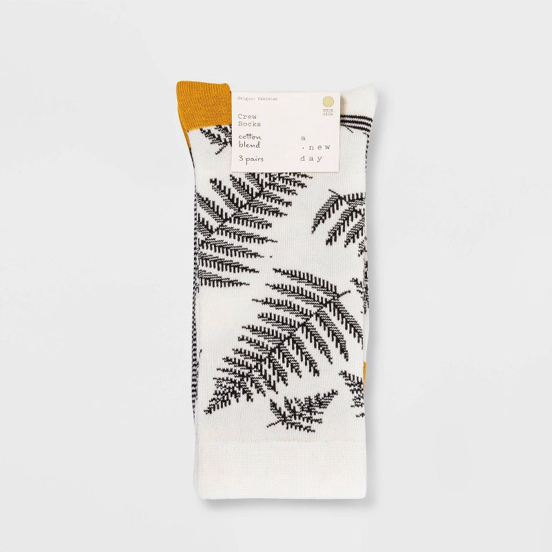 slide 2 of 2, Women's Fern 3pk Crew Socks - A New Day™ Black 4-10: Botanical Pattern, Lightweight Knit, No Cuff, 3 ct
