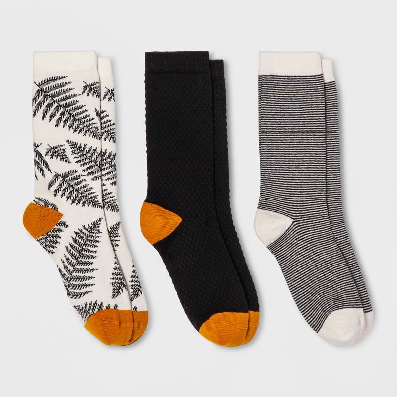 slide 1 of 2, Women's Fern 3pk Crew Socks - A New Day™ Black 4-10: Botanical Pattern, Lightweight Knit, No Cuff, 3 ct