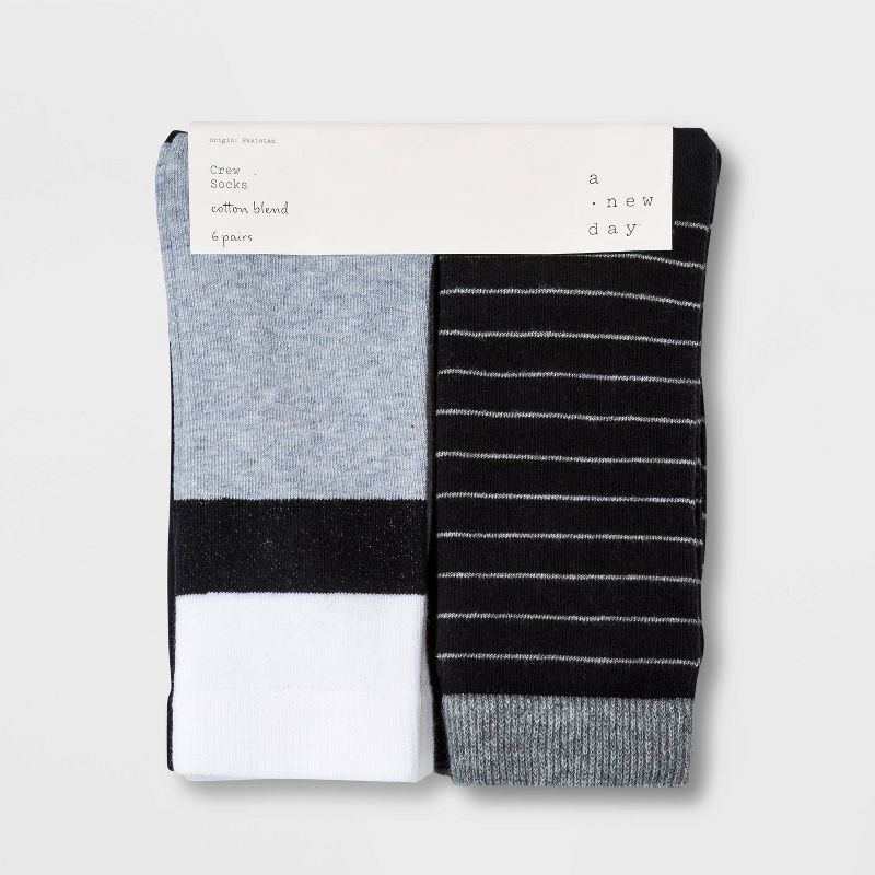 slide 2 of 2, Women's Striped 6pk Crew Socks - A New Day™ Black/White/Gray 4-10, 6 ct