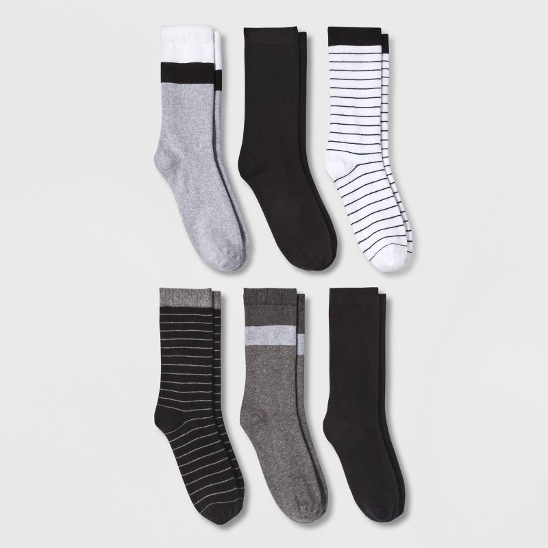 slide 1 of 2, Women's Striped 6pk Crew Socks - A New Day™ Black/White/Gray 4-10, 6 ct
