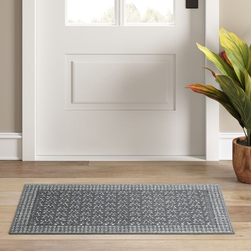 slide 3 of 3, 1'8"x2'10" Washable Geometric Border Tufted Accent Rug Radiant Gray - Threshold™: Indoor Entryway Mat, Skid-Resistant, 1 ct