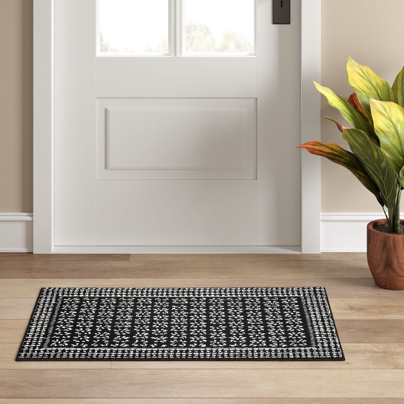 slide 3 of 3, 1'8"x2'10" Washable Geometric Border Tufted Accent Rug Black - Threshold™: Indoor Entryway Mat, Skid-Resistant, 1 ct