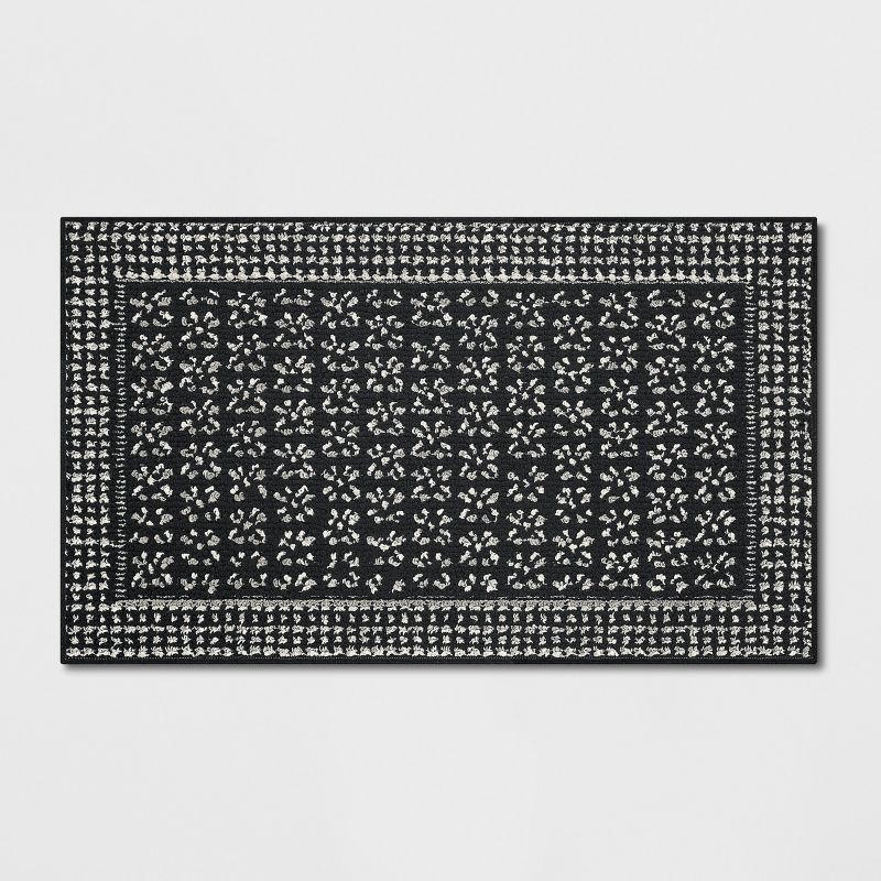 slide 1 of 3, 1'8"x2'10" Washable Geometric Border Tufted Accent Rug Black - Threshold™: Indoor Entryway Mat, Skid-Resistant, 1 ct