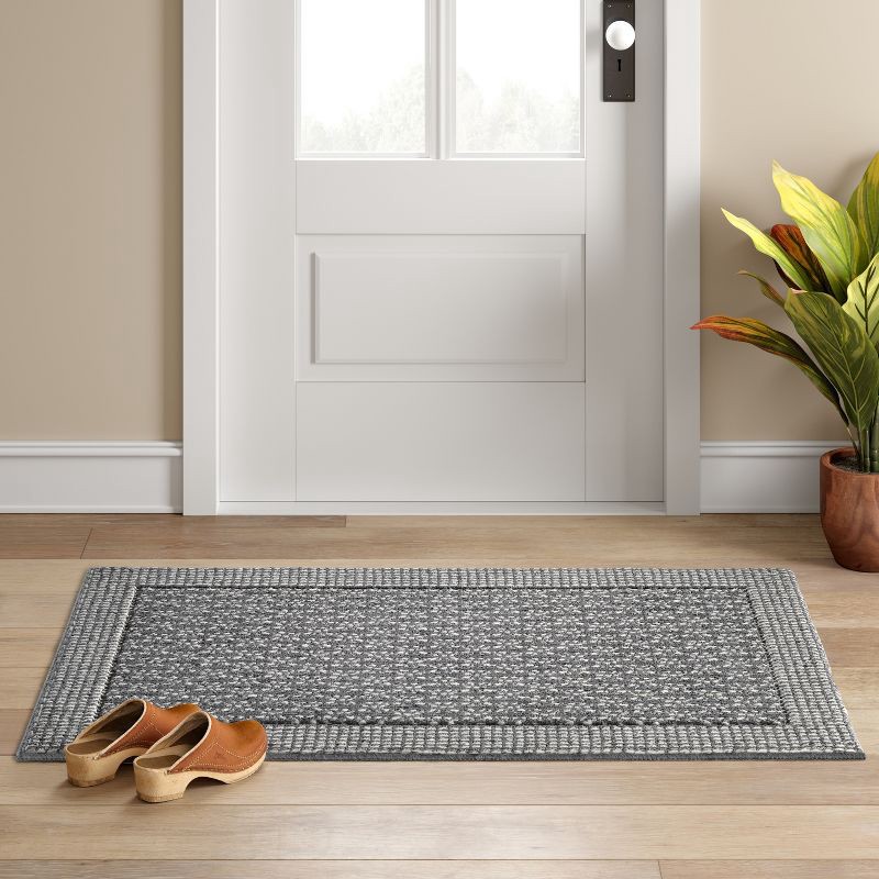 slide 3 of 3, 2'6"x3'10" Washable Geometric Border Tufted Accent Rug Radiant Gray - Threshold™: Indoor Entryway Mat, Skid-Resistant, 1 ct
