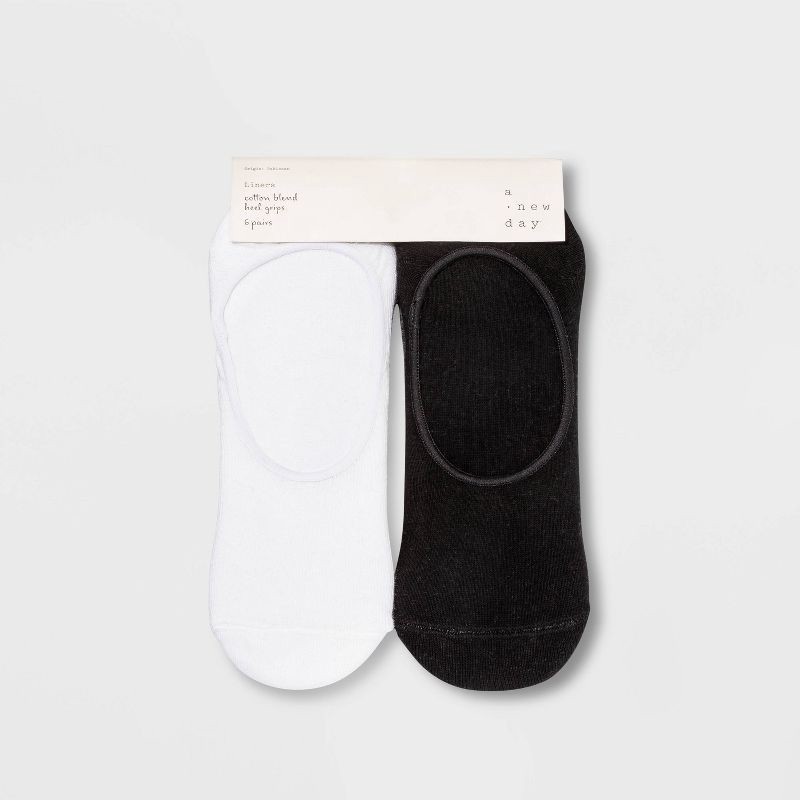 slide 2 of 2, Women's 6pk Liner Socks - A New Day™ Black/White/Gray 4-10: No Show, Hidden Gel Heel Grip, 6 ct