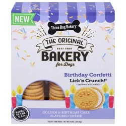 Three Dog Bakery Lick'n Crunch! Sandwich Cookies Birthday Confetti Golden & Birthday Cake Flavored Creme Treats for Dog 13 oz