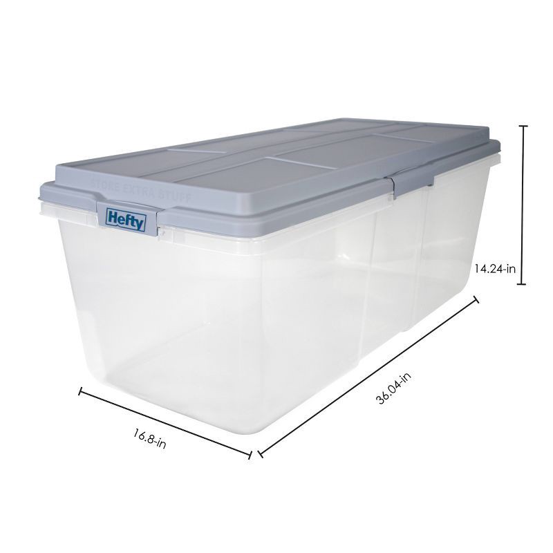 slide 8 of 8, Hefty 113qt Hi-Rise Clear Tub: Plastic Storage Bin with Locking Handles & Snap Closure, Universal Utility Storage, 113 qt
