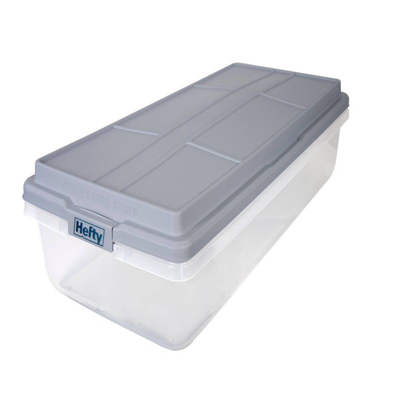 slide 1 of 6, Hefty 63qt Hi-Rise Underbed Clear Storage: Plastic Utility Bin with Locking Handles & Latches, Long Universal Storage, 63 qt