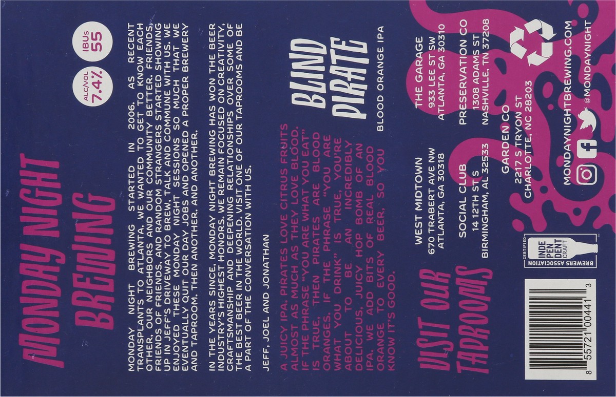 slide 6 of 9, Monday Night Brewing Blind Pirate IPA Blood Orange Beer 6 - 12 oz Cans, 6 ct; 12 oz
