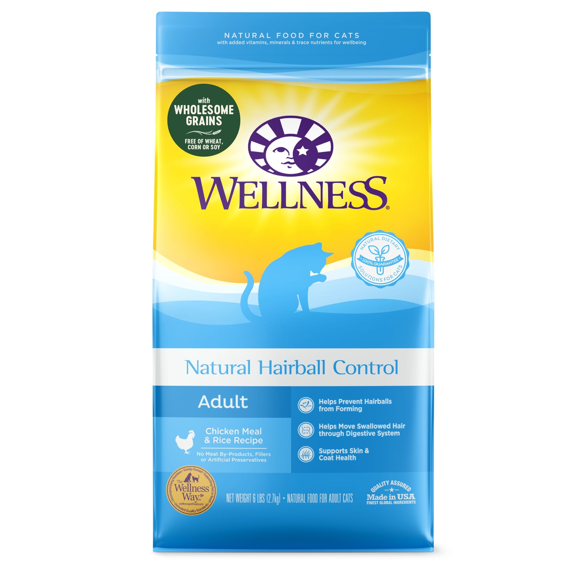 slide 1 of 1, Wellness Natural Hairball Control Adult Cat Food - Natural, Chicken Meal & Rice, 6 lb