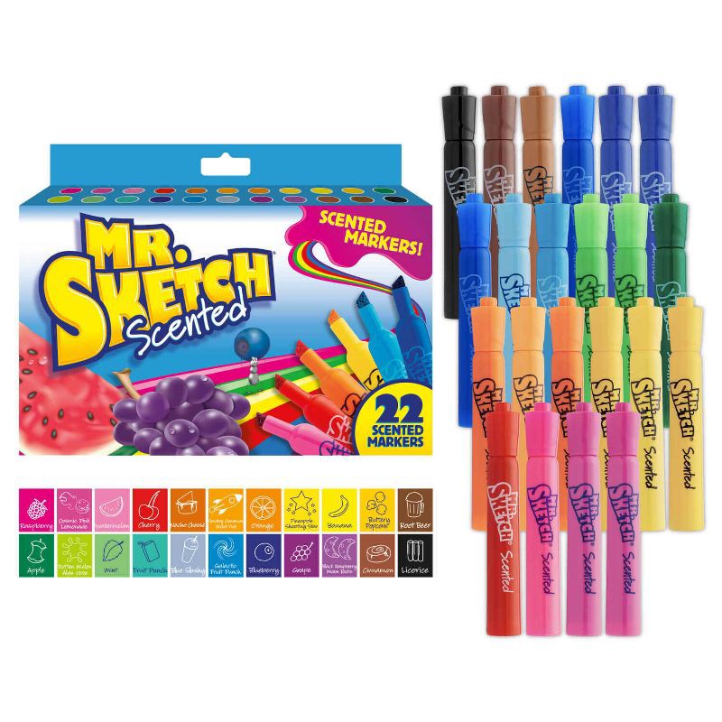 slide 1 of 6, Mr. Sketch 22pk Scented Markers Chisel Tip: Bold Artist Markers for Kids, Multicolored School Supplies, Ages 3+, 22 ct