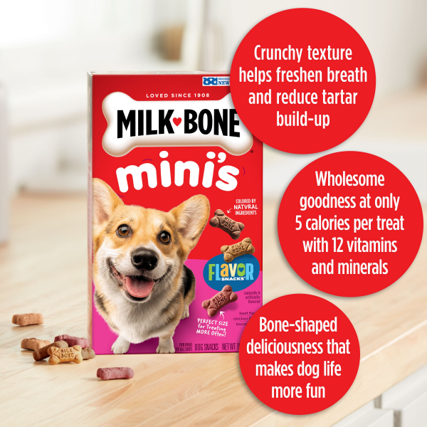 slide 16 of 19, Milk-Bone Mini's Dog Treat Biscuits with Bacon, Chicken & Beef Flavor Snacks - 15oz, 15 oz