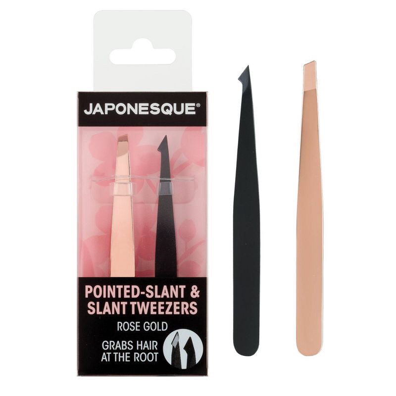 slide 1 of 9, JAPONESQUE Pointed-Slant & Slant Tweezers - Rose Gold: Stainless Steel Beauty Tools, Non-Toxic, 2-Piece Set, 1 ct